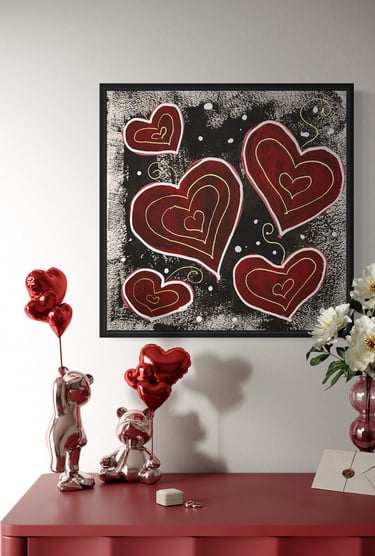 original painting of red hearts in grunchy black background