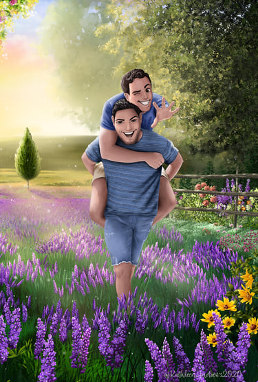 Two men in love piggyback ride through lavender field at sunset illustration artwork