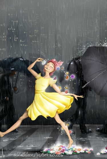 joyful illustration girl in yellow dress dancing in the rain glowing flowers business life artwork