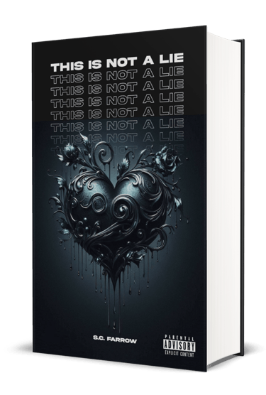 A black book cover featuring a black romantic heart embellished with swirls and rosebuds