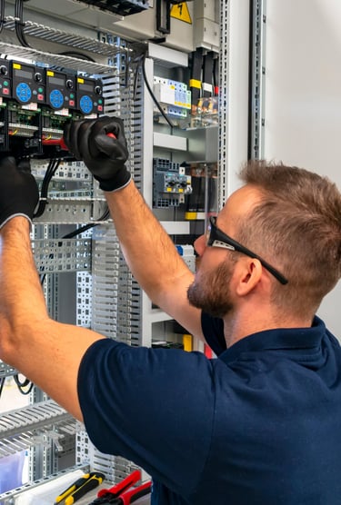  Homme en chemise bleue travaillant sur un cable d'alimentation