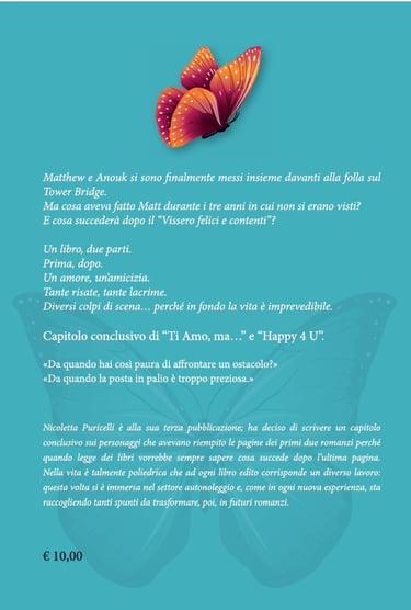 Uno sfondo azzurro con una farfalla arancione fanno da sfondo alla sinossi del libro e la biografia