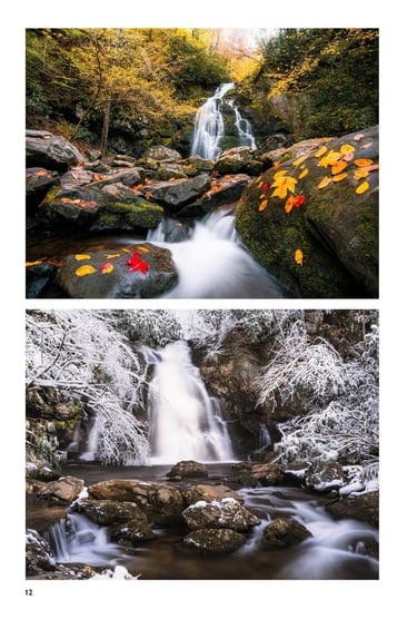 Comparison of Spruce Flats in autumn with fallen leaves and the same waterfall in winter with snow.