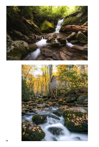 Waterscape of a rustic wooden mill by a flowing forest stream with autumn leaves and waterfalls.