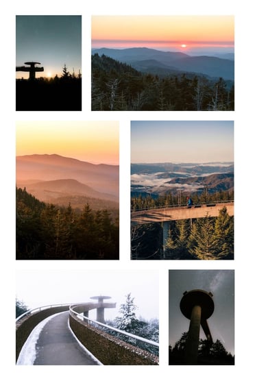 A collage showing Clingmans Dome observation tower and Great Smoky Mountains at sunset and night.