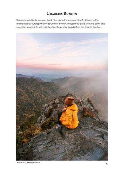 A hiker sitting on the Charlies Bunion rock outcrop overlooking the Great Smoky Mountains at sunset.