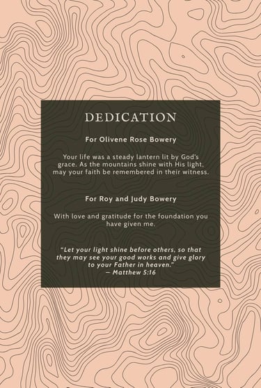 Elegant book dedication page with Matthew 5:16 scripture and a topographic map background.