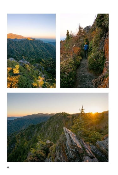 A hiker explores scenic mountain trails at sunrise with panoramic views of lush forest valleys.
