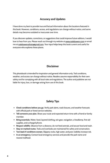 A page from a photobook titled Accuracy and Updates, featuring a Disclaimer and outdoor Safety Tips.