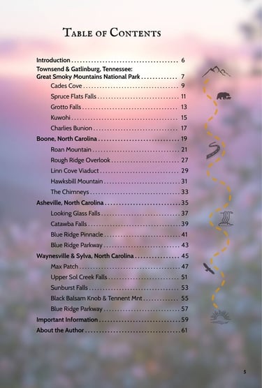 Table of contents page for a Great Smoky Mountains and Blue Ridge Parkway travel guide book.