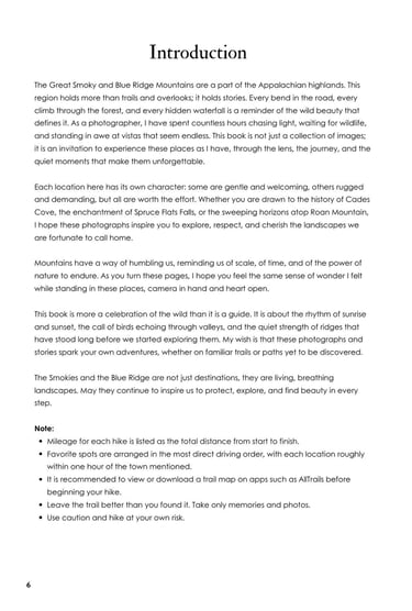 Introduction page of a photography book about the Great Smoky and Blue Ridge Mountains.