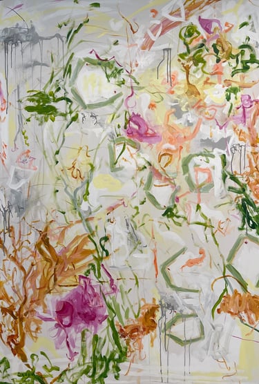 abstract acrylic oversized artwork with pinks, yellows and orange