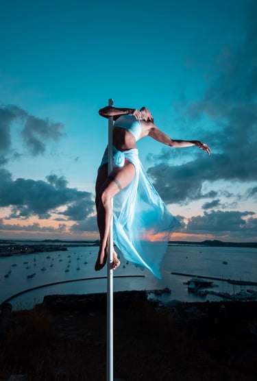 Portrait créatif d’une danseuse exécutant une figure de pole dance en extérieur au lever du soleil