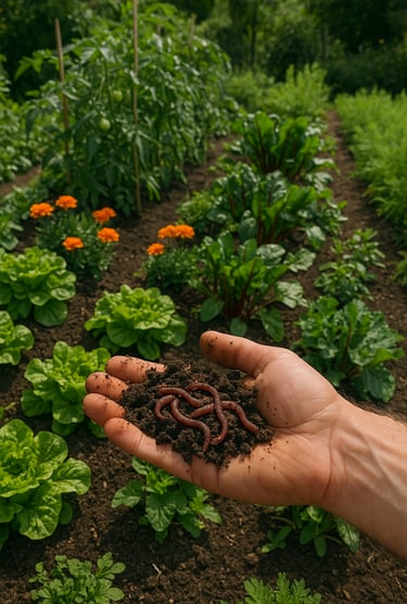 Une main avec des vers de terre devant un potager pour la journée mondiale des vers de terre.