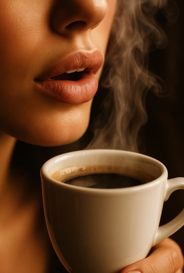Lèvres de femme et tasse de café qui fume - Journée mondiale du café.