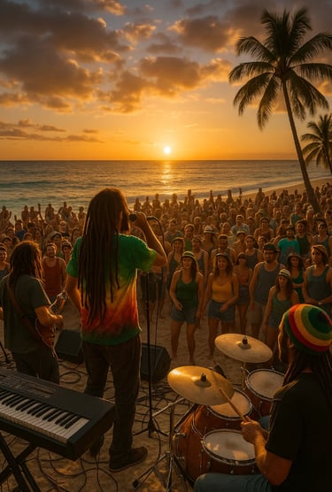 Concert de reggae sur une plage pour la journée du reggae.