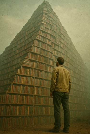 Un homme devant une pyramide de livres pour la journée internationale de la bibliodiversité.