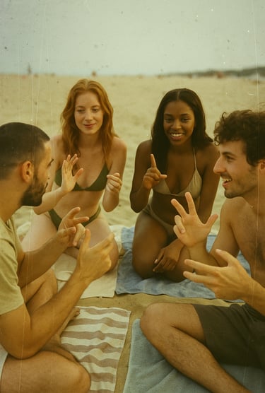 Quatre personnes sur la plage échangent en langue des signes pour la journée internationale 