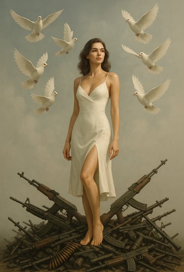 Une femme debout sur un tas d'armes, survolée de colombes, pour la journée de la non violence. 