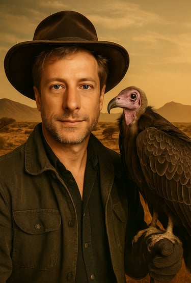 Gauthier Leleu en Fauconnier avec un vautour sur son bras pour la journée de sensibilisation.