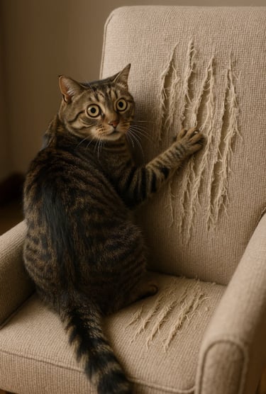 Un chat surpris pendant qu'il lacère un fauteuil pour la journée internationale du chat.