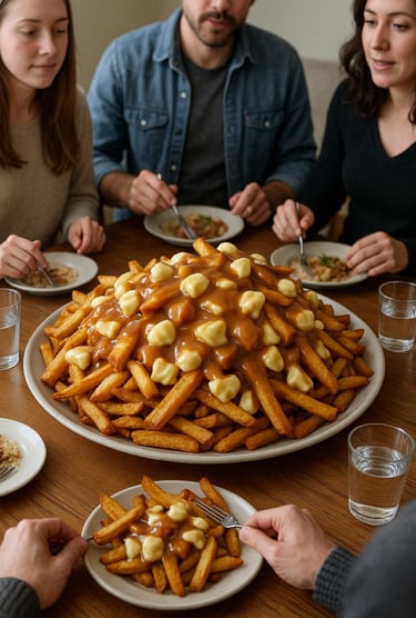 Dégustation d'une poutine entre convives pour la journée mondiale de la poutine.