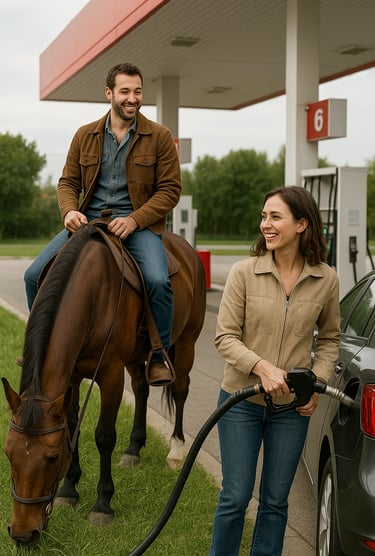 "On fait le plein !" ( Cheval et voiture ) - Illustration journée mondiale de l'énergie