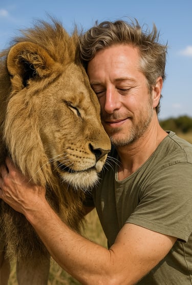 Gauthier Leleu fait un câlin à un lion pour la journée mondiale du lion.
