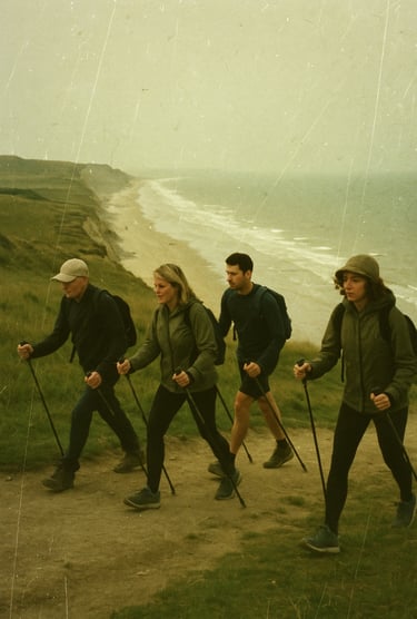 Un groupe d'amis fait de la marche nordique pour la journée nationale de la marche nordique.