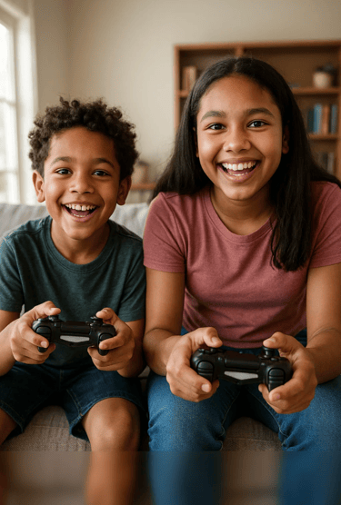 Une soeur et son frère jouent à la console pour le National vidéo game day.
