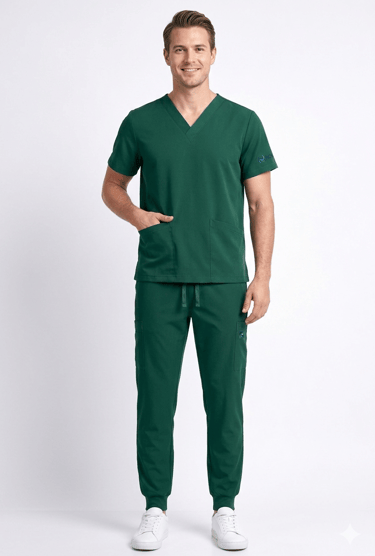 Profesional de la salud masculino vistiendo uniforme médico verde oscuro y zapatillas blancas.