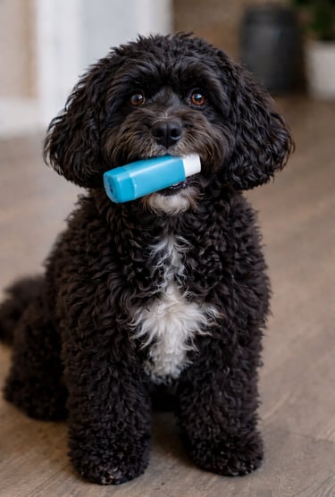 Cockapoo with inhalor in mouth
