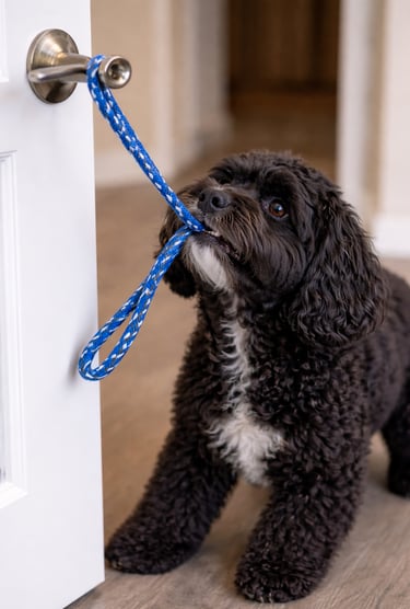 cockapoo opening a door with a door pull