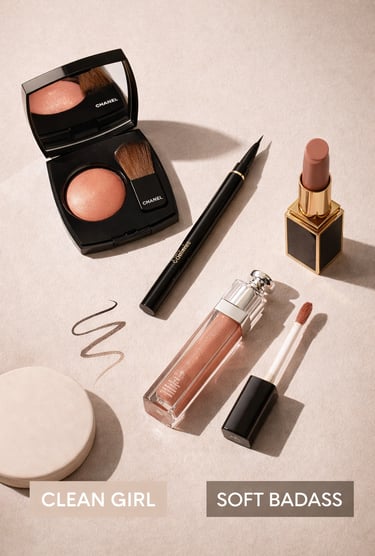 Luxury makeup flat lay featuring Chanel blush, liquid eyeliner, lip gloss, and designer lipstick.