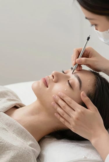 Close-up editorial frame of a practitioner's hands applying a precision facial treatment to a client's cheekbone, soft professional studio lighting revealing skin texture and product detail, neutral linen drape in foreground, clean white clinical surface in background, generous empty space to the left