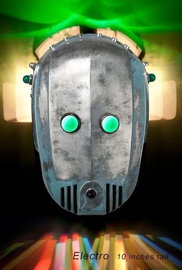 Found object robot head built from vintage floor polisher.