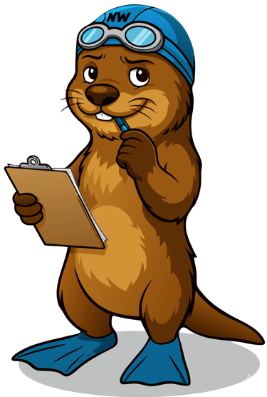 De vrolijke otter mascotte van NextWave zwemschool in Liedekerke met zwembril en badmuts.