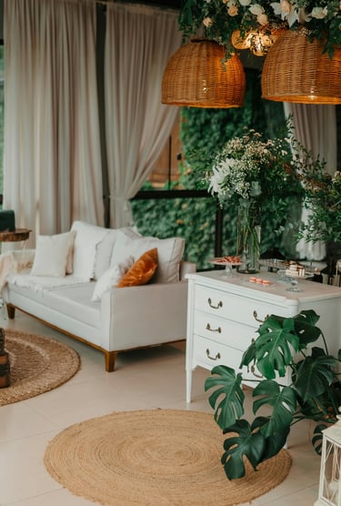 a living room with a couch and a table