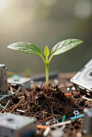 A symbolic photograph of a small green plant sprout growing out of a bed of discarded computer components, under bright morning sunlight, highlighting environmental hope.