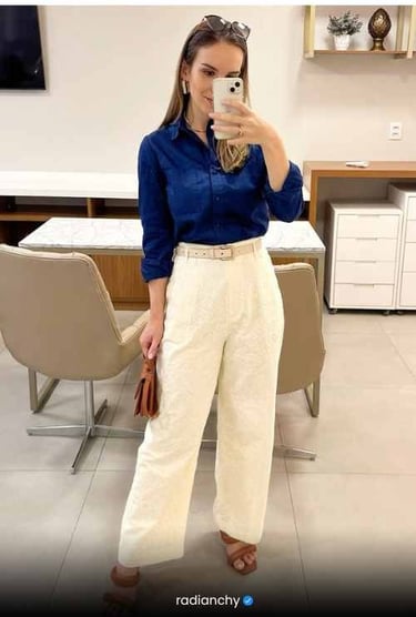 a woman in a blue shirt and white pants