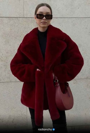 a woman in a red coat and sunglasses