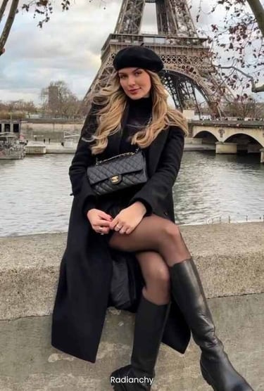 a woman in a black coat and boots is posing for a picture