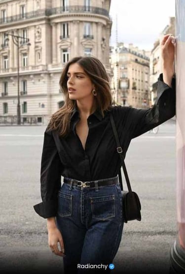 a woman in a black shirt and jeans standing in front of a building