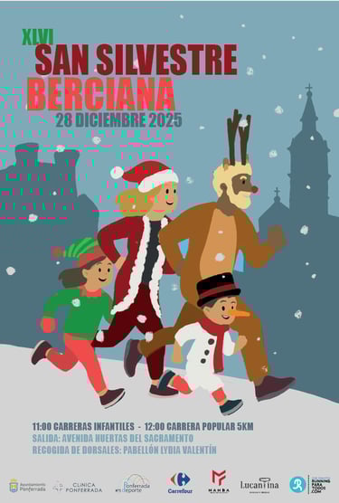 Cartel oficial de la XLVI San Silvestre Berciana 2025 con ilustración navideña de corredores disfrazados y detalles de horari