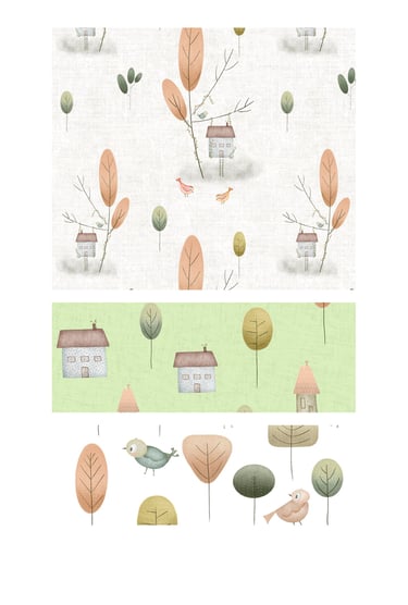 Cottage core woodland cabins, trees and birds seamless surface patterns for wallpaper, fabric and home decor.