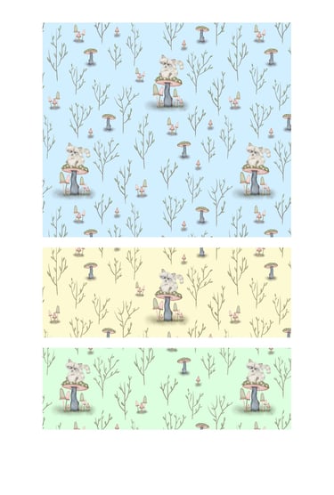 Cute raccoon and whimsical mushroom illustrations on seamless surface patterns for wallpaper, fabric and home decor.