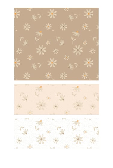 Tossed daisy flowers in seamless surface patterns for wallpaper, fabric and interior decor.