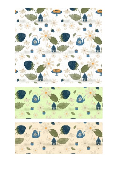 Seamless surface pattern of black berry plants sheltering blue cottages in a daisy garden.
