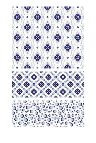 Ornate seamless surface patterns in shades of blue for wallpaper, fabric and home decor.
