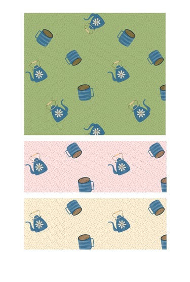 Seamless surface patterns on vintage kettles and coffee mugs for wallpaper, fabric and home decor.